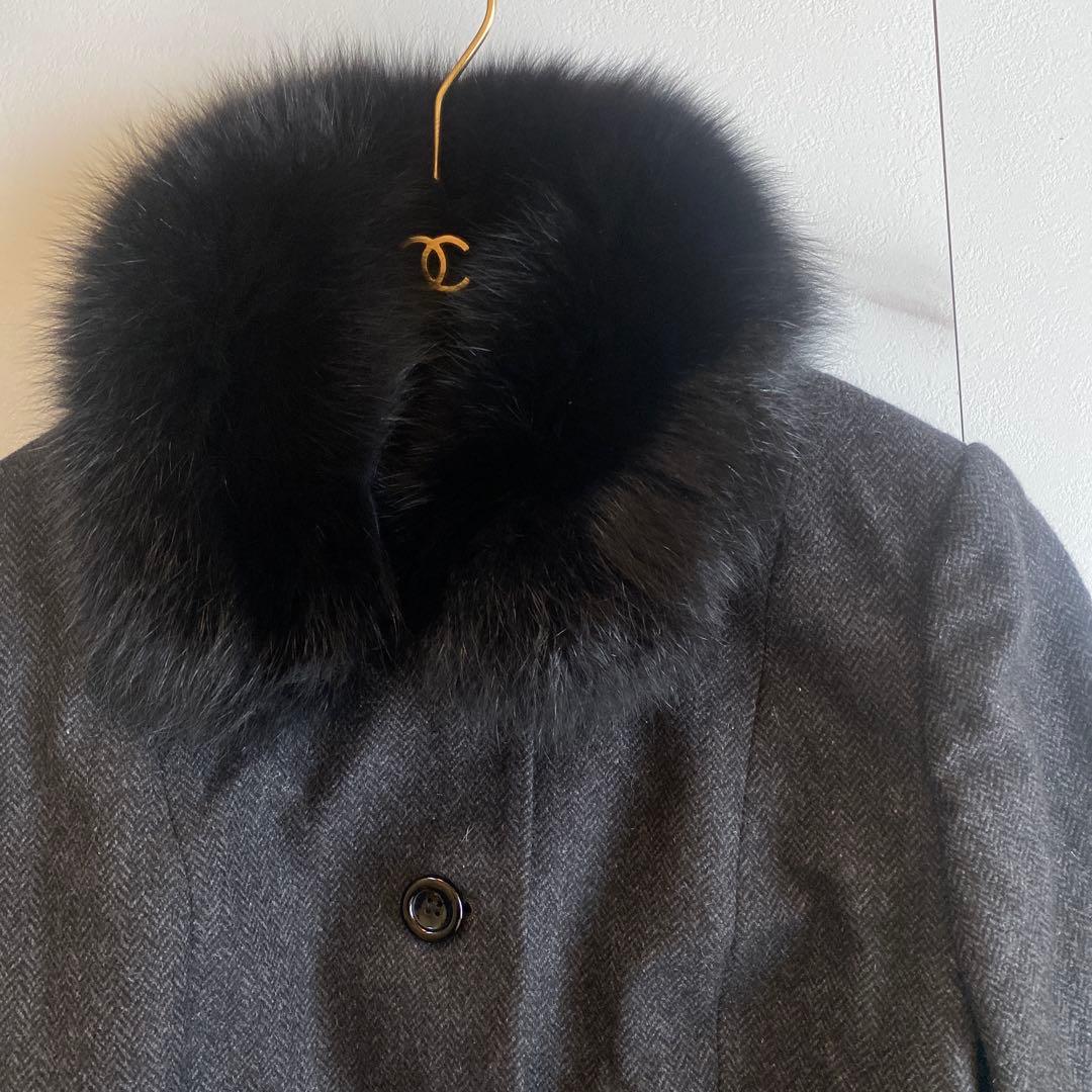 希少 美品 カシミヤ100 ブルーフォックス 取り外し可能 ヘリンボーン コート