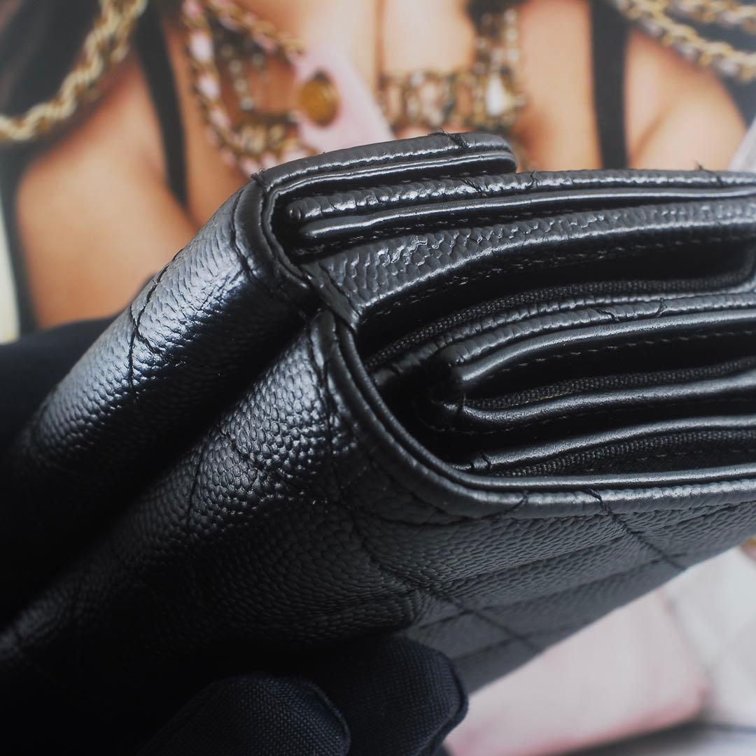 らら CHANEL＊キャビアスキン＊マトラッセ＊三つ折り財布＊ブラック