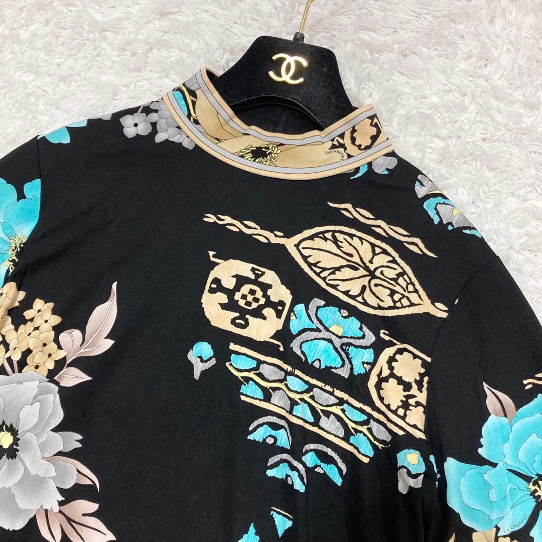 美品♡ レオナール 半袖 カットソー 花柄 カンカン素材 LL バックファスナー