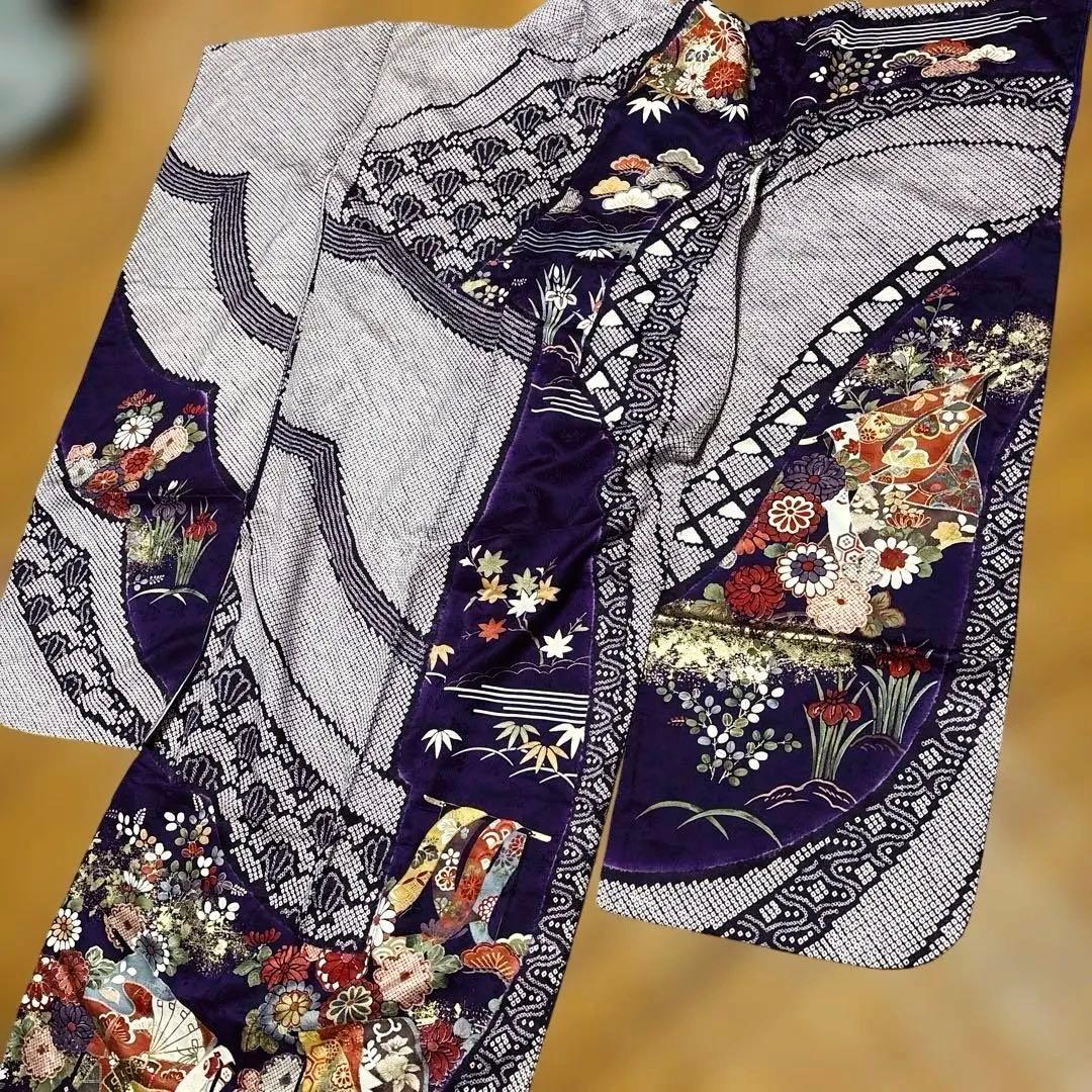 振袖着物　正絹　絞り　紫系