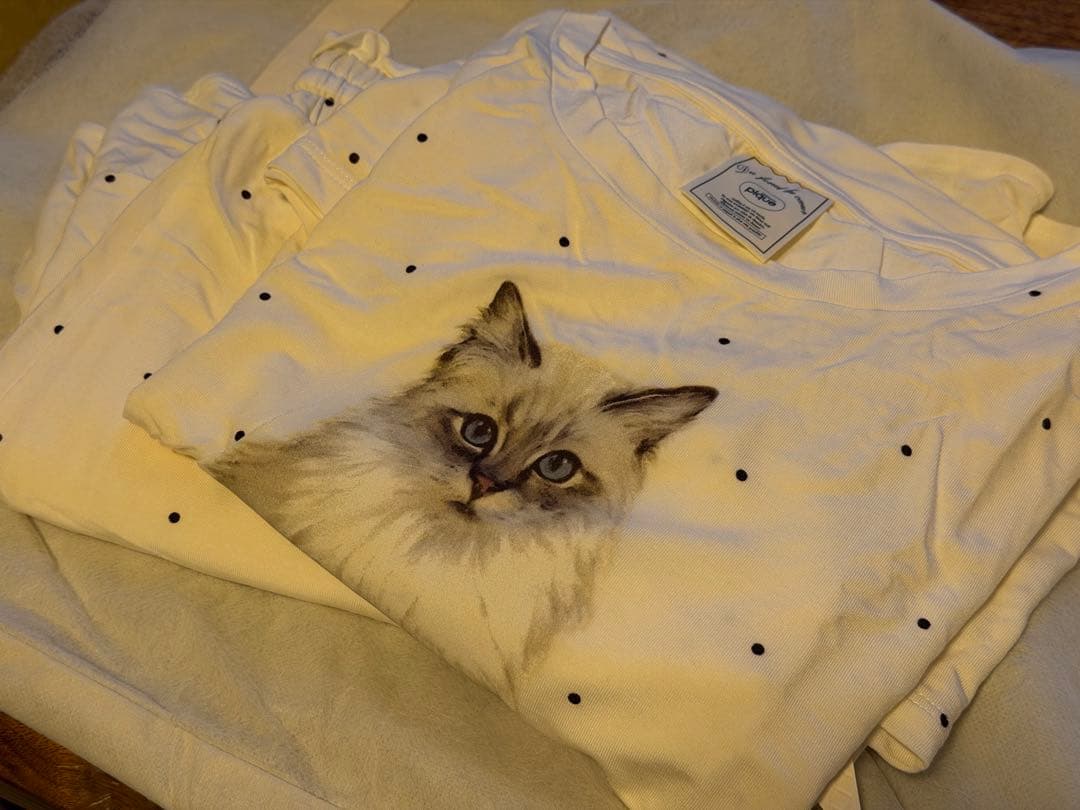 CATドット柄ワンポイントTシャツ＆ショートパンツセット(OWHT-F)