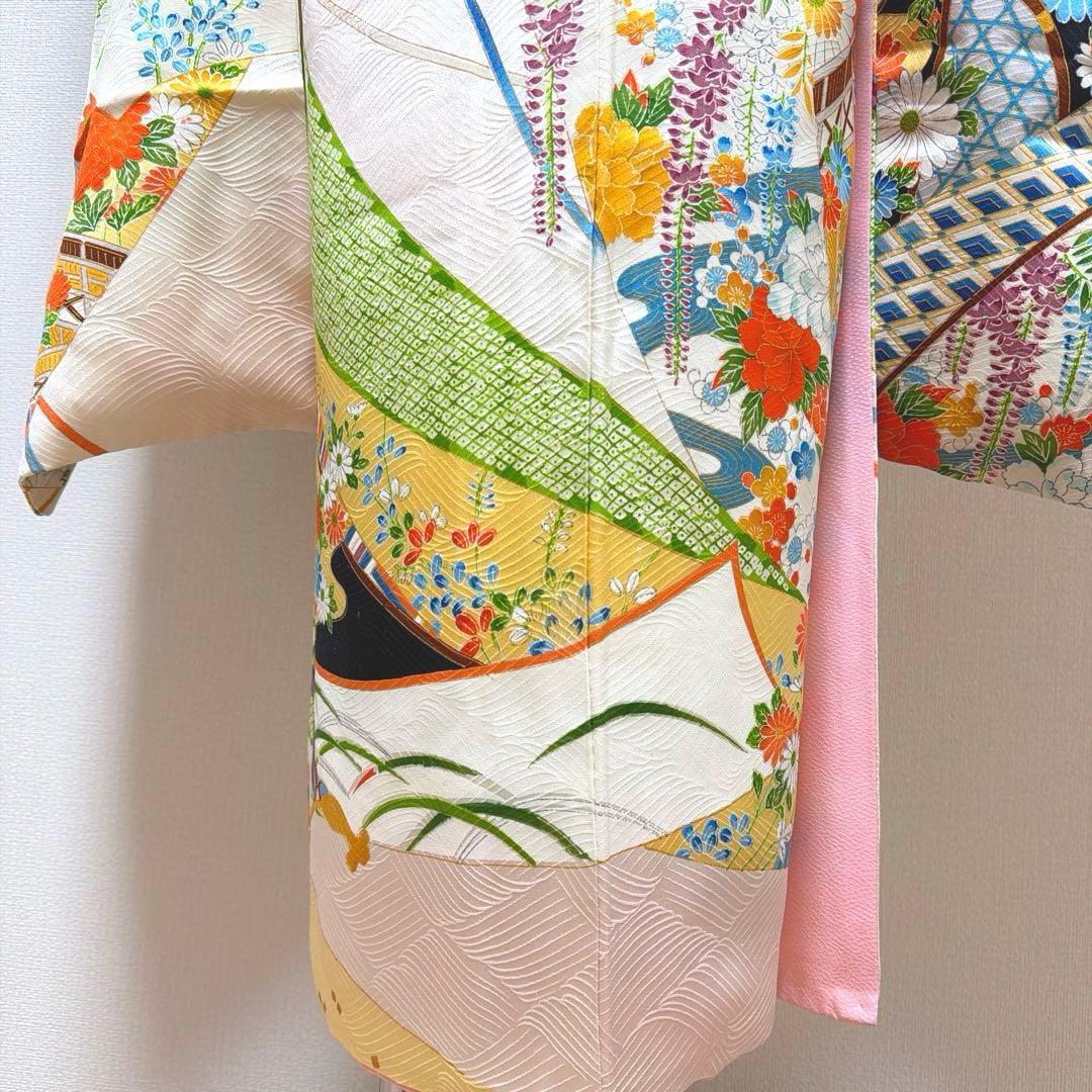 29 振袖フルセット 正絹 薄桃 薄ピンク オレンジ 黄緑 金彩 駒刺繍 暈し染