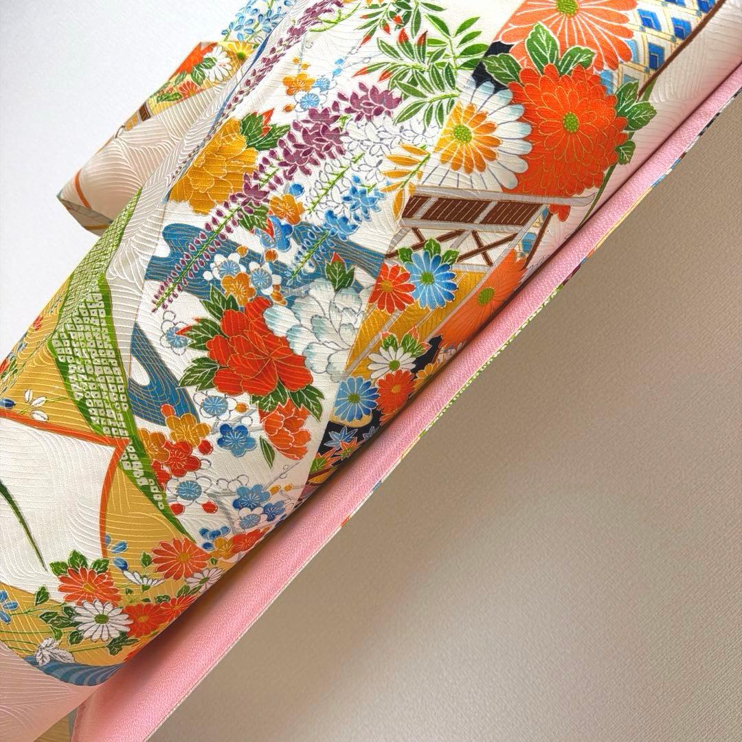 29 振袖フルセット 正絹 薄桃 薄ピンク オレンジ 黄緑 金彩 駒刺繍 暈し染