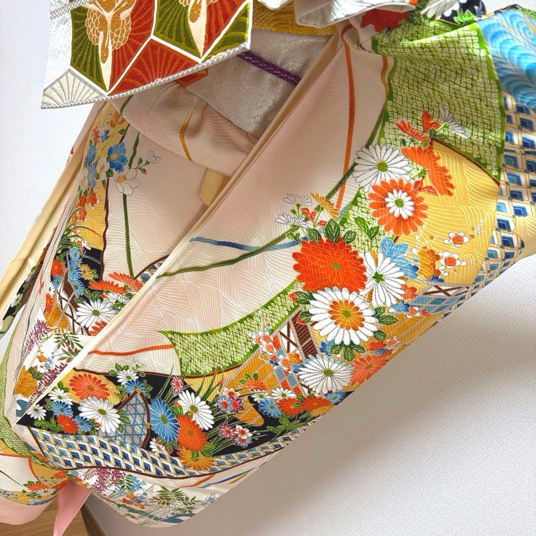 29 振袖フルセット 正絹 薄桃 薄ピンク オレンジ 黄緑 金彩 駒刺繍 暈し染