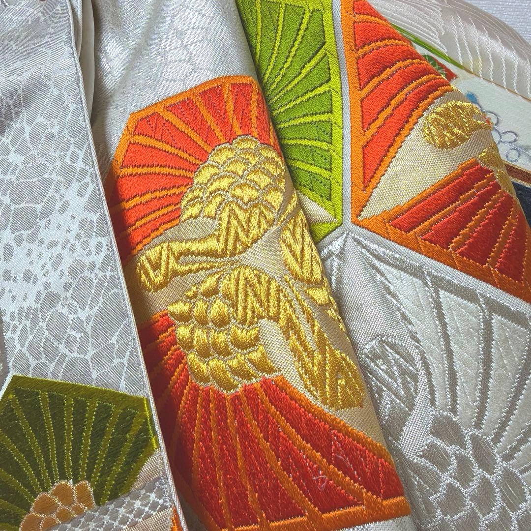 29 振袖フルセット 正絹 薄桃 薄ピンク オレンジ 黄緑 金彩 駒刺繍 暈し染