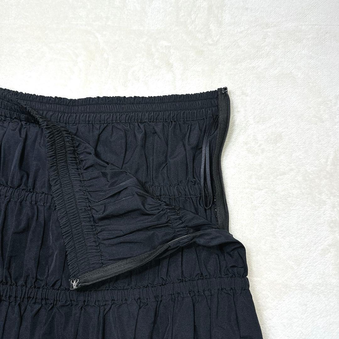 極美品 ロエフ 黒 グロッシー タフタ ギャザースカート ロング マキシ丈