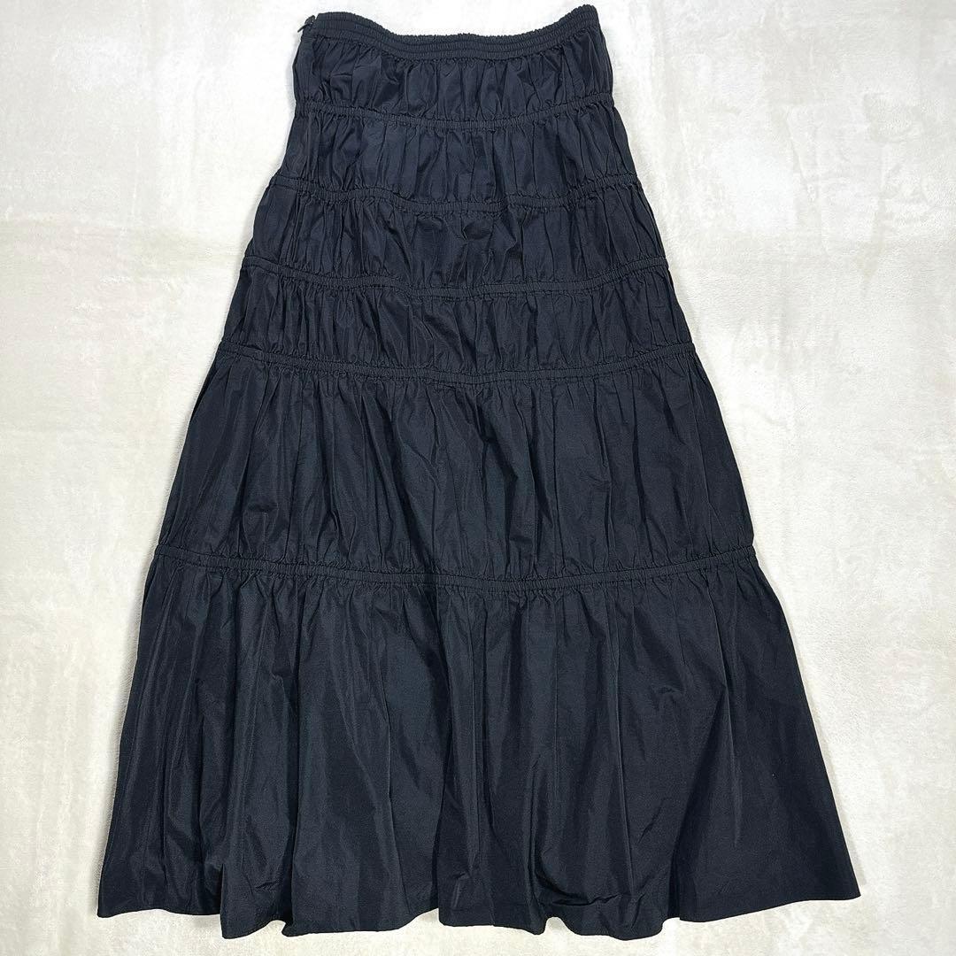 極美品 ロエフ 黒 グロッシー タフタ ギャザースカート ロング マキシ丈