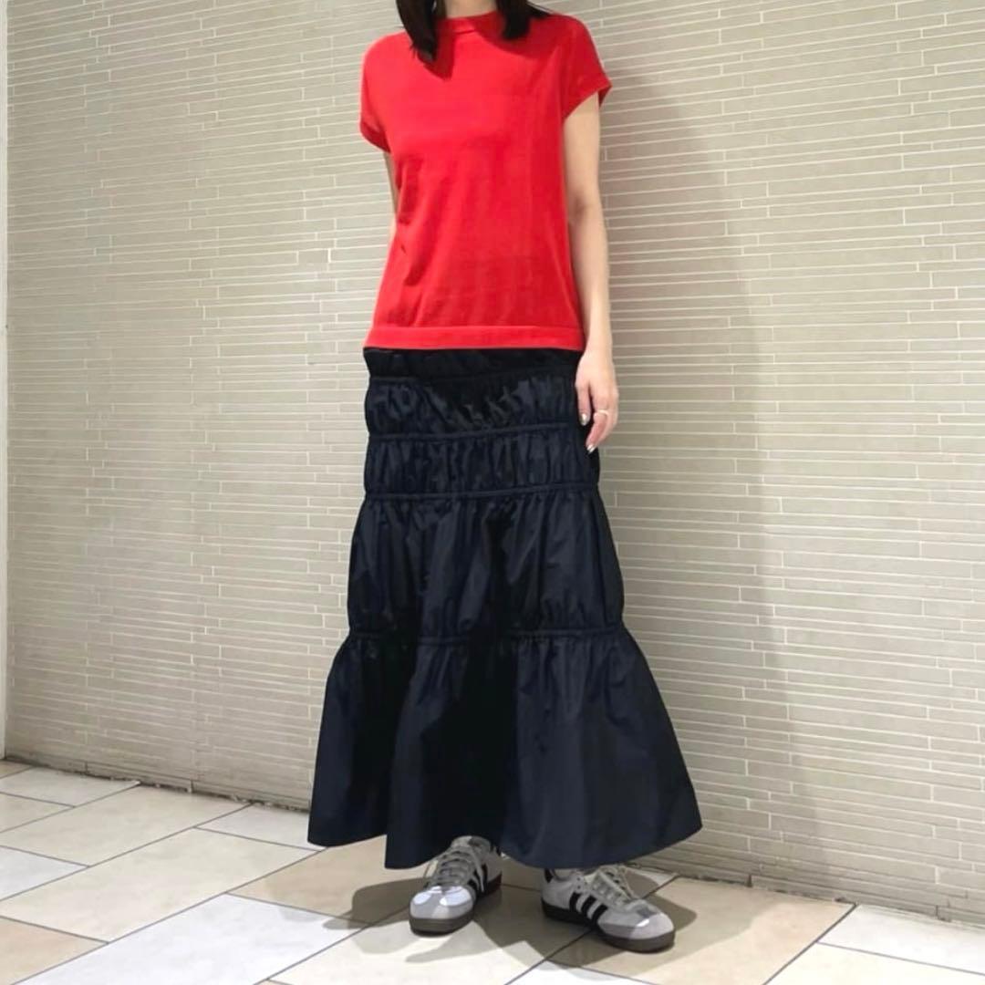 極美品 ロエフ 黒 グロッシー タフタ ギャザースカート ロング マキシ丈