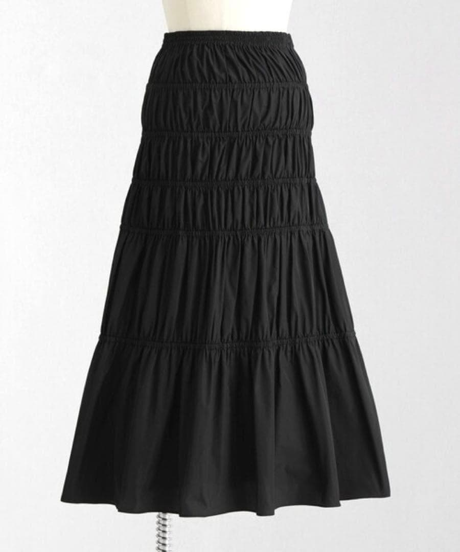 極美品 ロエフ 黒 グロッシー タフタ ギャザースカート ロング マキシ丈