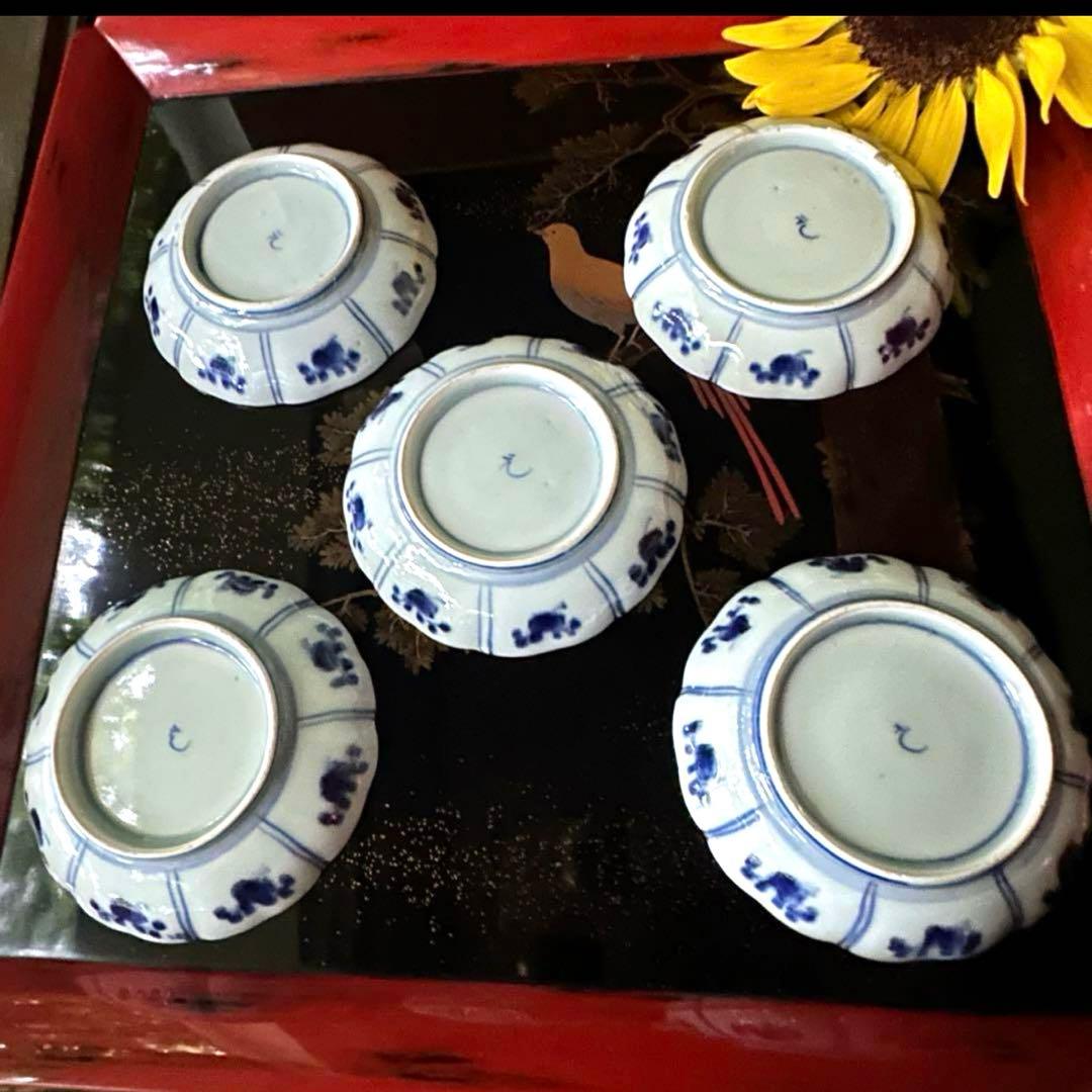 2220様感謝‼️最上手BLUE古伊万里『蓮に五位鷺』手塩皿切支丹5客