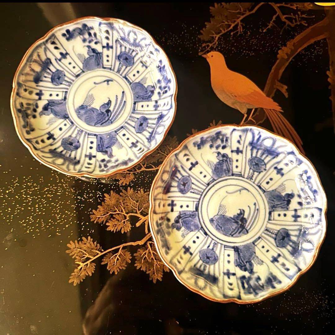 2220様感謝‼️最上手BLUE古伊万里『蓮に五位鷺』手塩皿切支丹5客