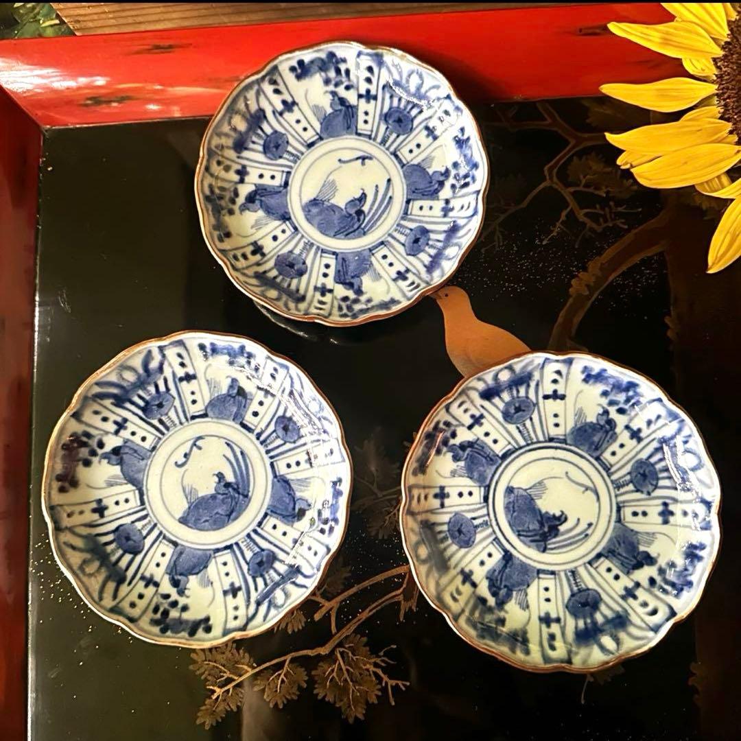 2220様感謝‼️最上手BLUE古伊万里『蓮に五位鷺』手塩皿切支丹5客
