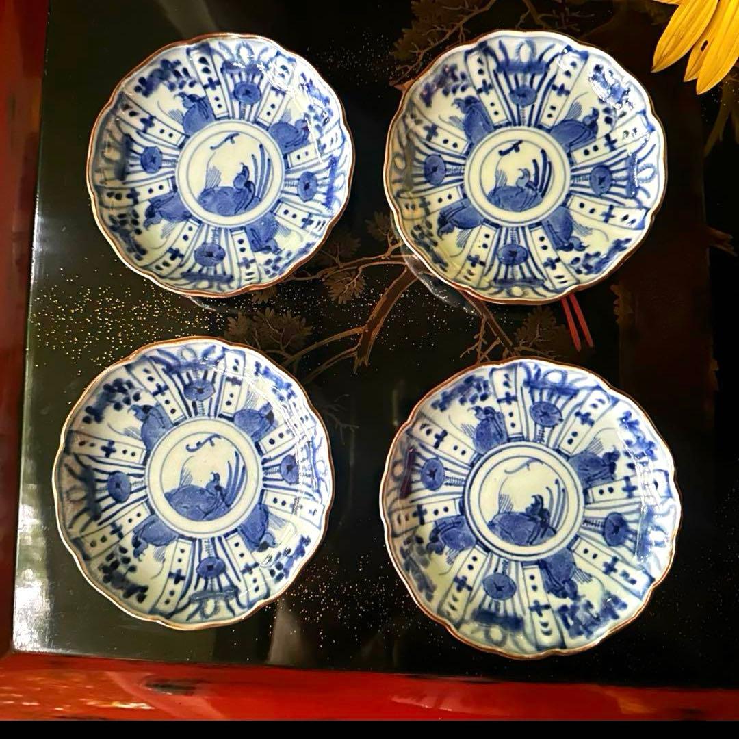 2220様感謝‼️最上手BLUE古伊万里『蓮に五位鷺』手塩皿切支丹5客
