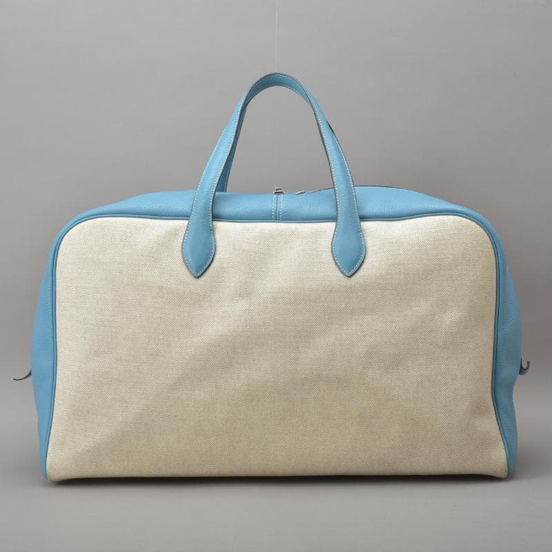 美品◇エルメス ヴィクトリア50 ボストンバッグ トワルアッシュ レザー 白系