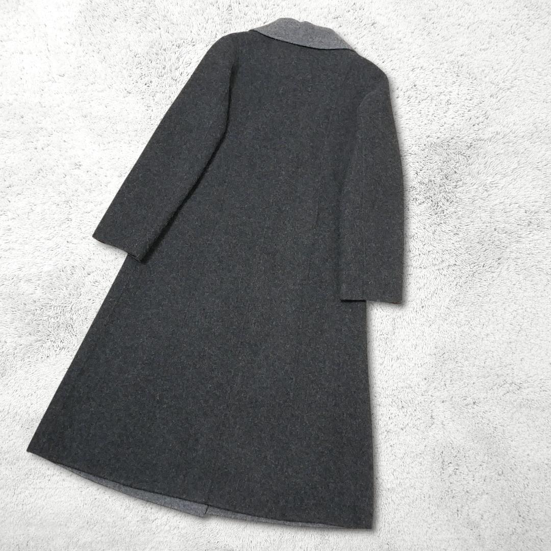 美品【ヨシエイナバ】ウール ダブルロングコート 9 グレー レキップ バイカラー
