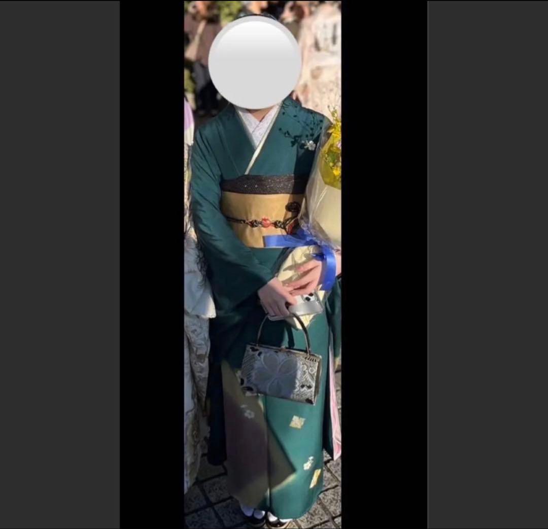 【着付け一式すべて揃ってます】高身長の方おすすめ✨正絹振袖フルセット成人式 深緑