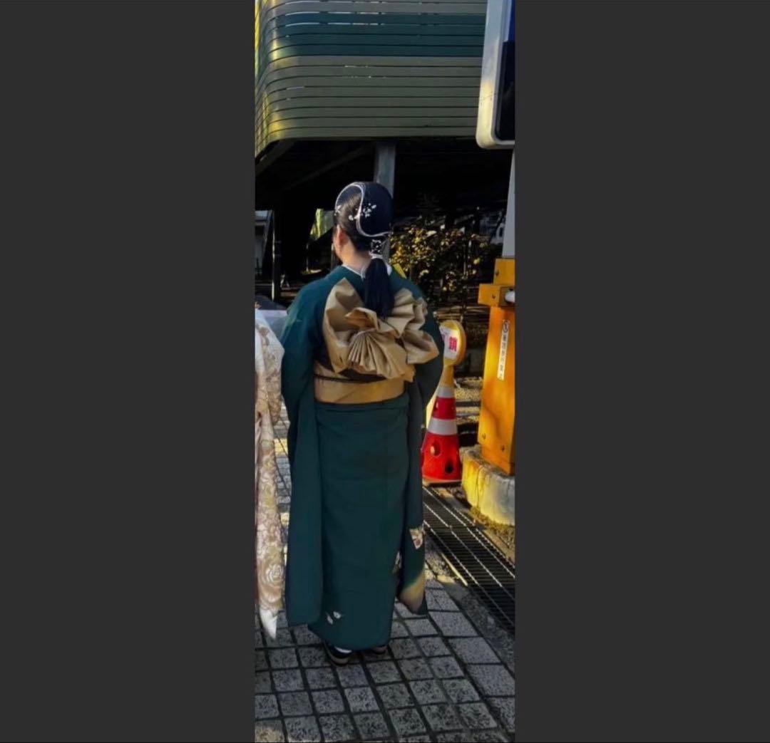 【着付け一式すべて揃ってます】高身長の方おすすめ✨正絹振袖フルセット成人式 深緑