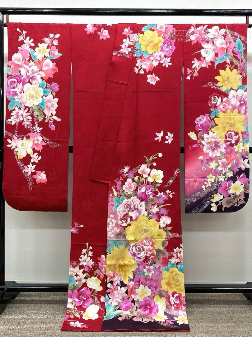 振袖 刺繍 銀彩 紋意匠 薔薇 大輪 身丈175cm 撥水加工済 トールサイズ