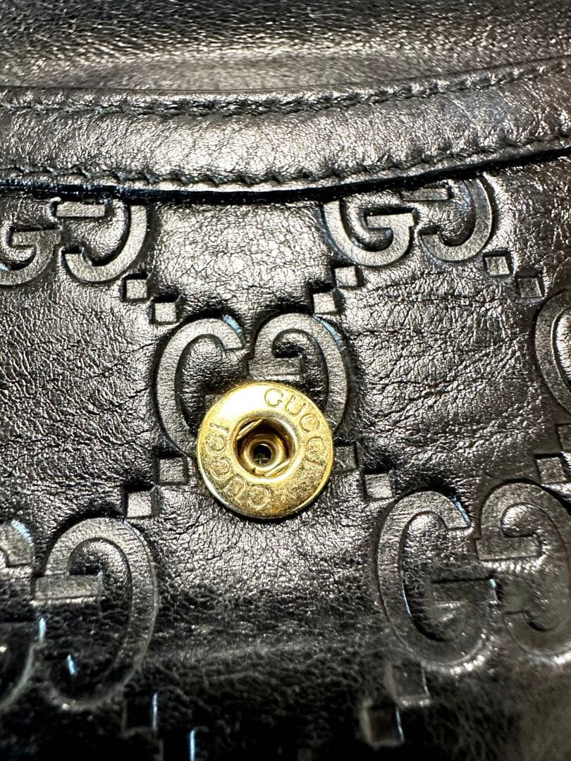 【美品】GUCCI レザー シマ 二つ折り財布 GG総柄 ロゴ 筆記体 ブラック