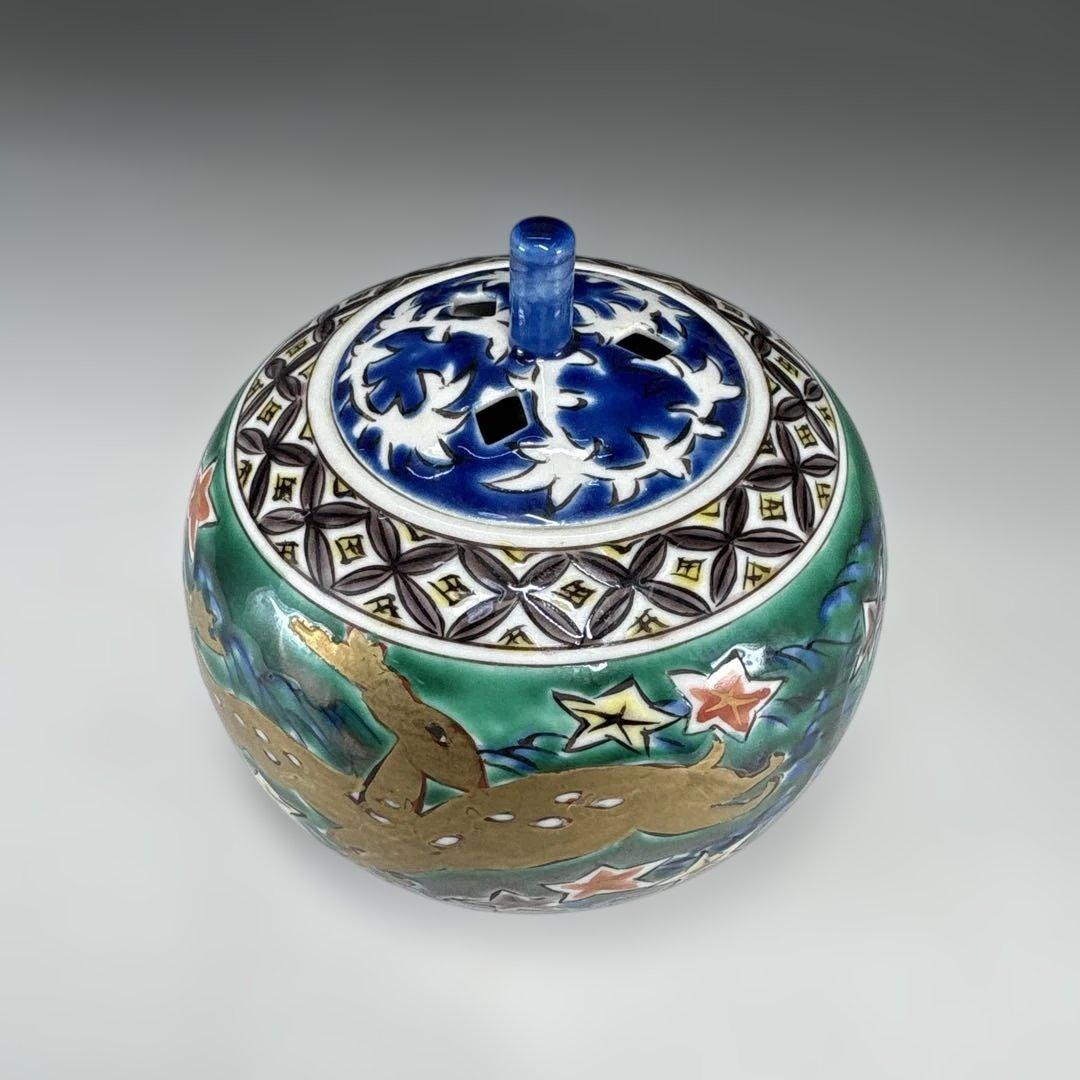 【茶道具】山田晃造　九谷焼　緑彩鹿　香炉（共箱）★送料込★