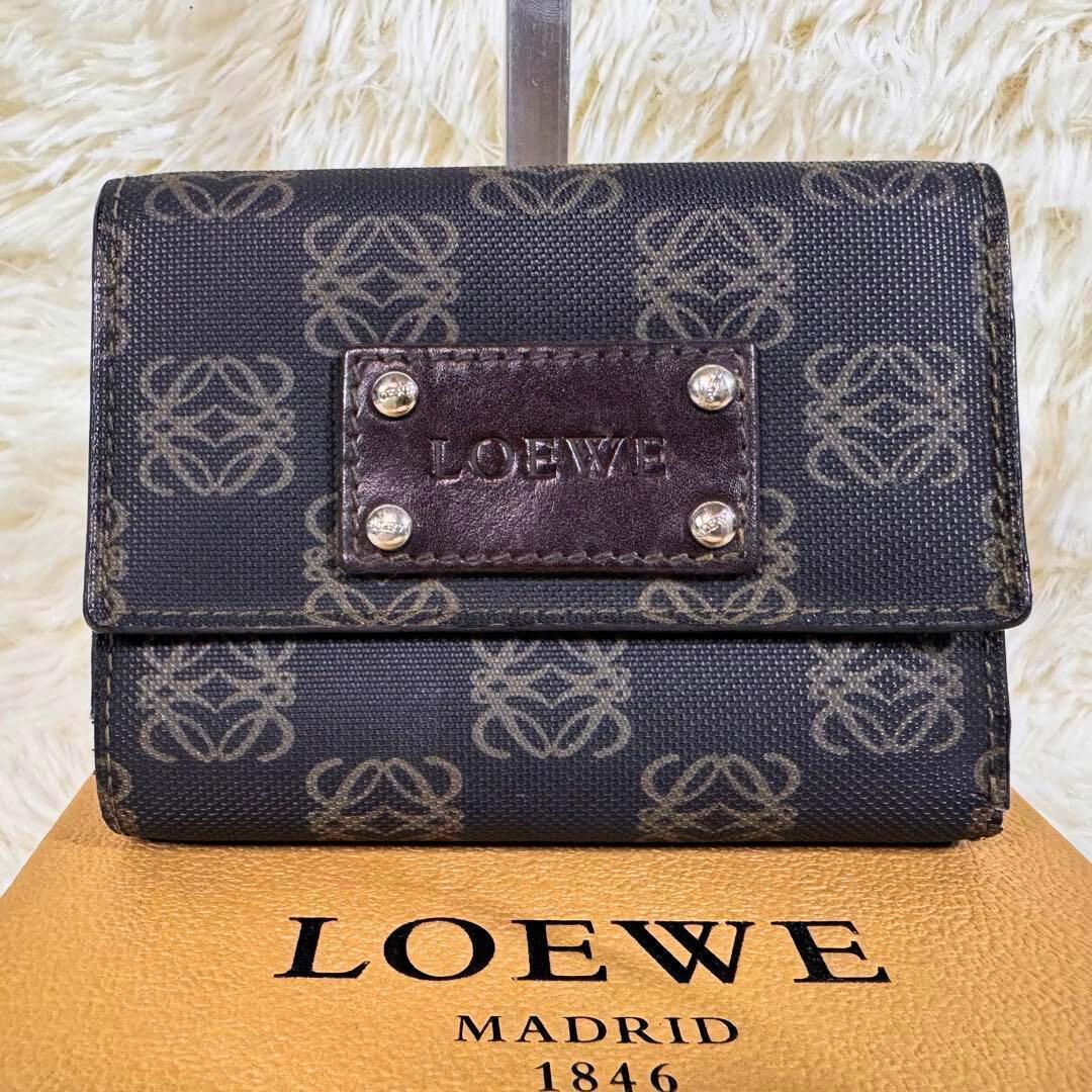 ロエベ　LOEWE 折財布　アナグラム　ネイビー　PVC レザー　がま口　ロゴ