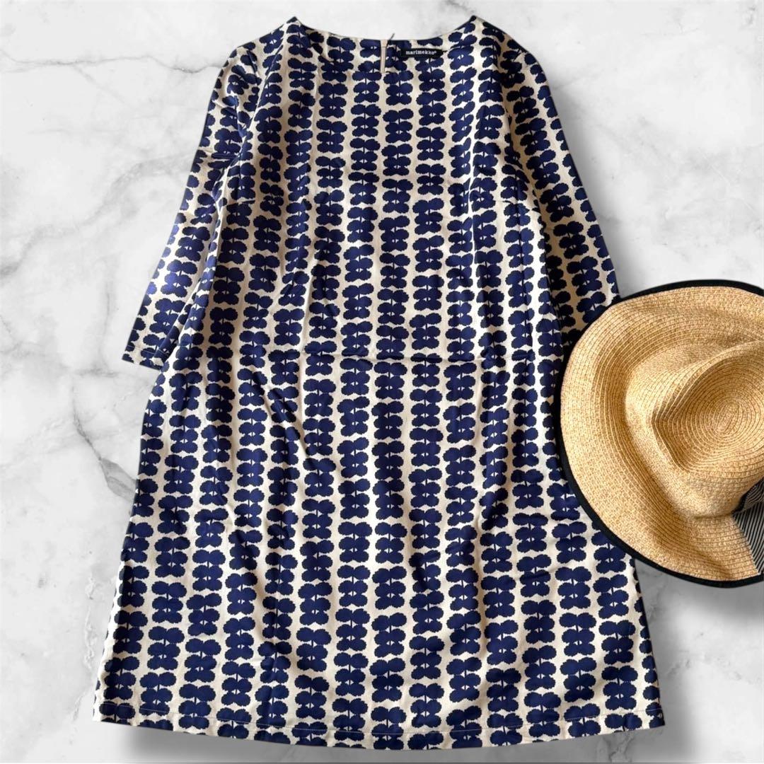 marimekko マリメッコ 総柄ワンピース M 七分袖 膝丈 北欧デザイン