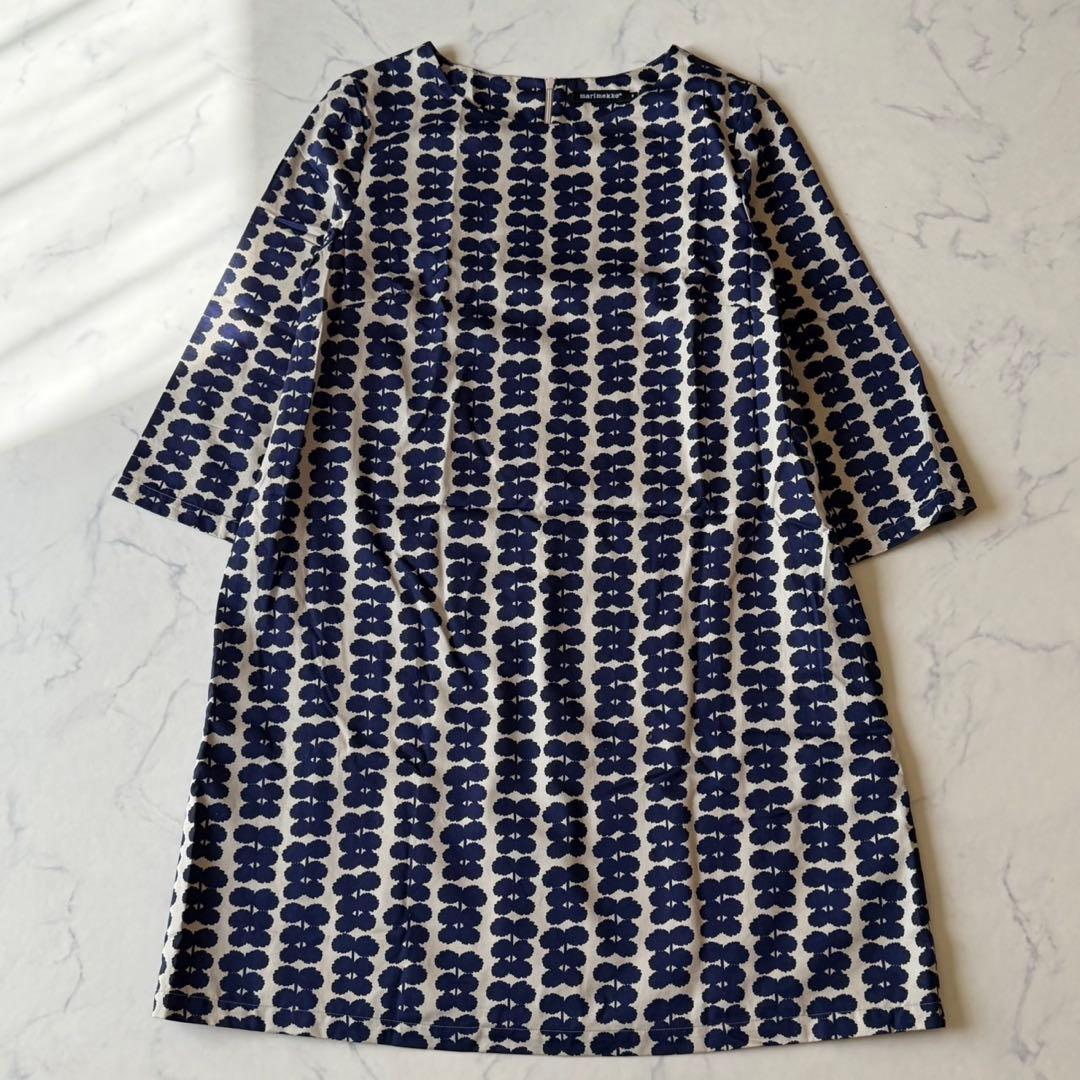 marimekko マリメッコ 総柄ワンピース M 七分袖 膝丈 北欧デザイン