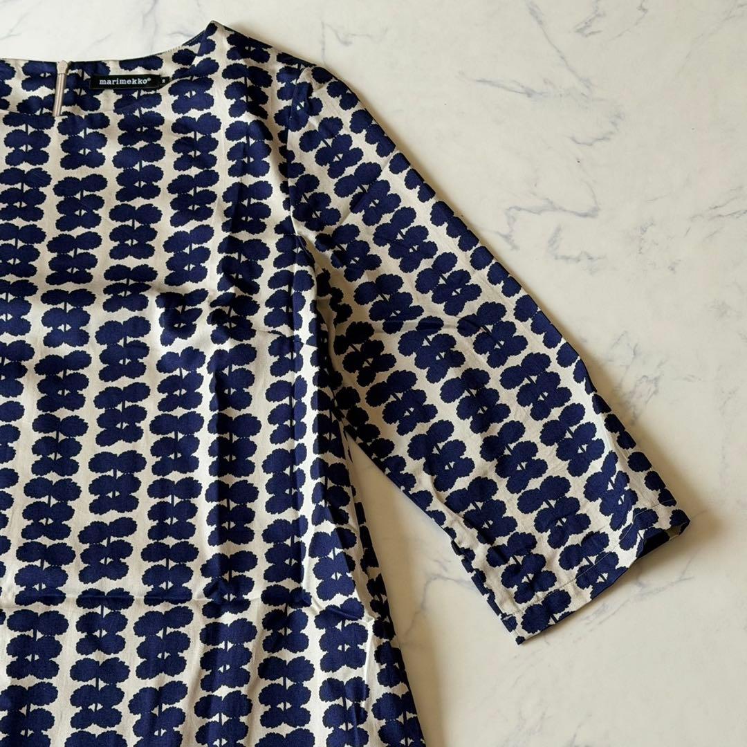 marimekko マリメッコ 総柄ワンピース M 七分袖 膝丈 北欧デザイン