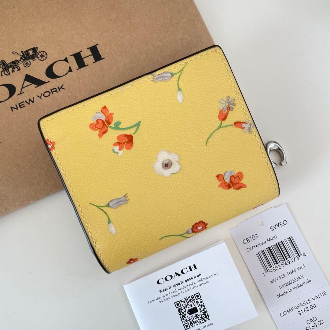 COACH コーチ　折り財布　イエロー　黄色　花柄　ミニウォレット