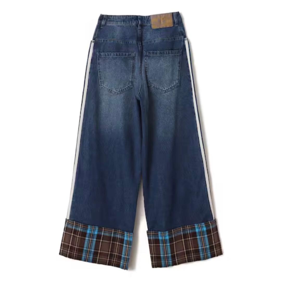 新品25⭐️adidas チェック ビンテージ ワイド レッグ パンツ インディゴ