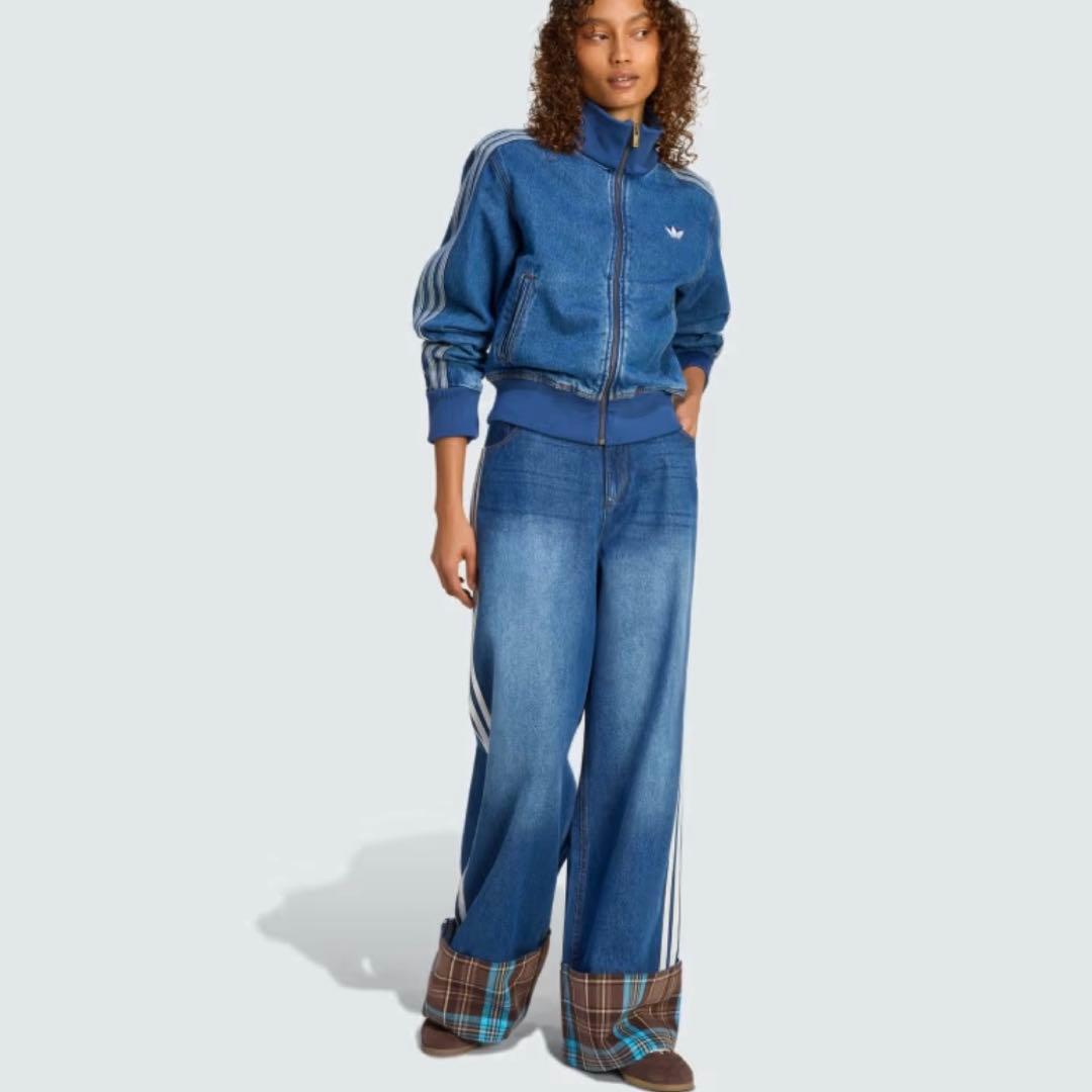 新品25⭐️adidas チェック ビンテージ ワイド レッグ パンツ インディゴ