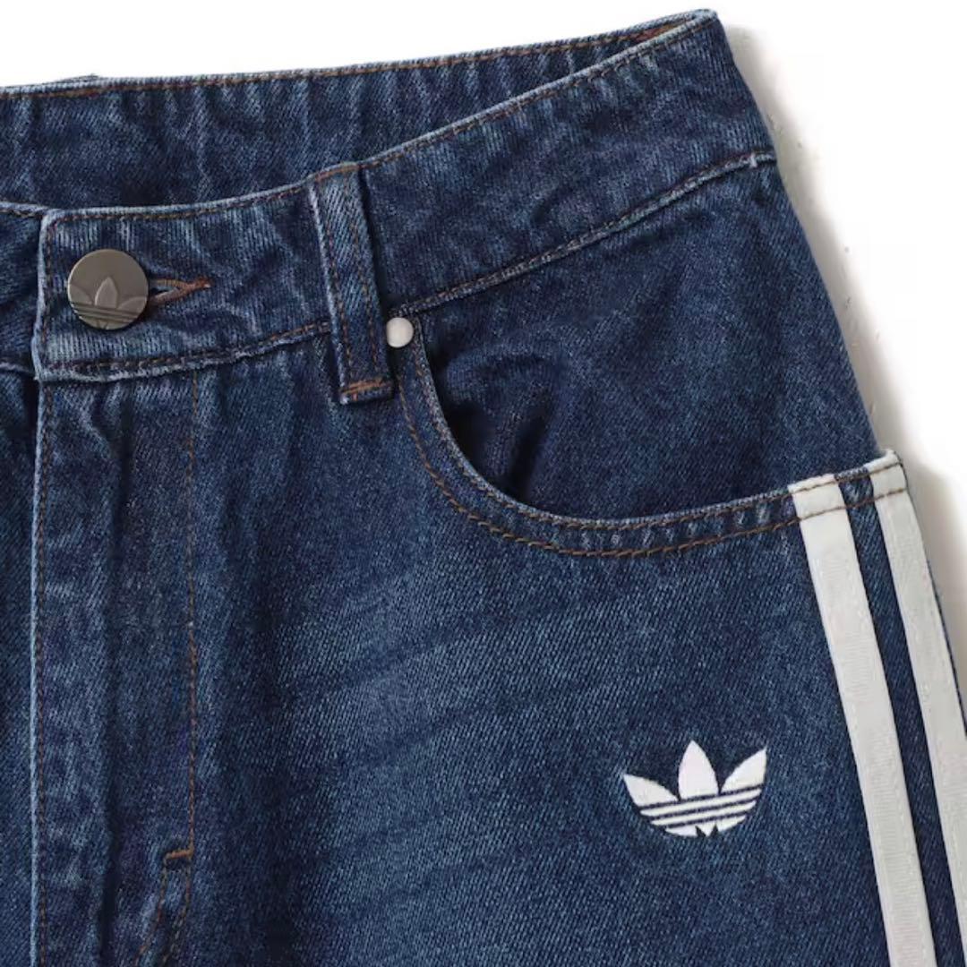 新品25⭐️adidas チェック ビンテージ ワイド レッグ パンツ インディゴ