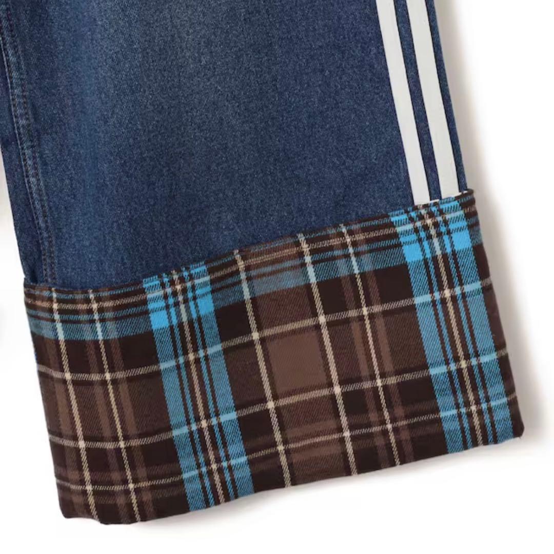 新品25⭐️adidas チェック ビンテージ ワイド レッグ パンツ インディゴ