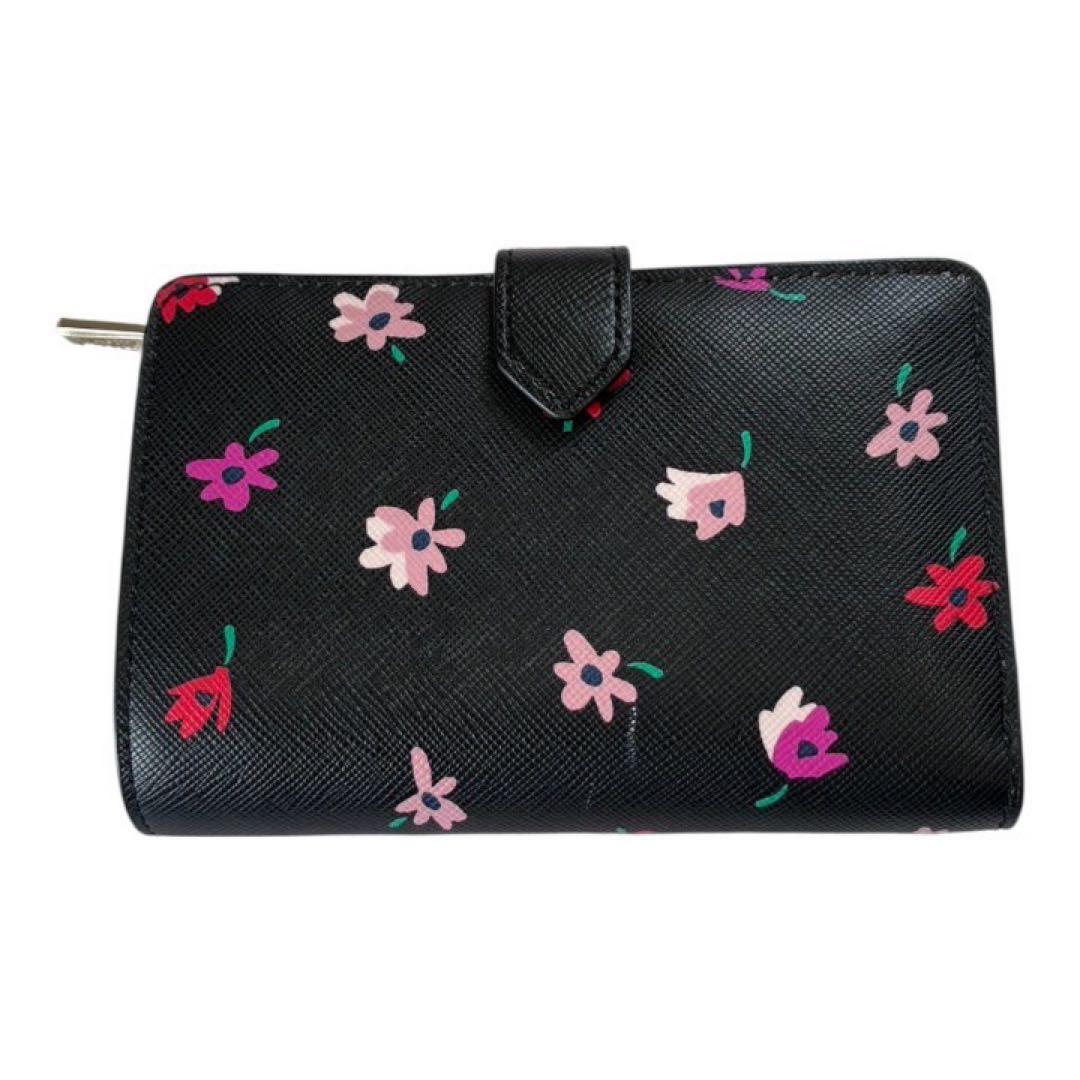 極美品✨ケイトスペード 花柄 二つ折り財布 ブラック 小銭入れ付
