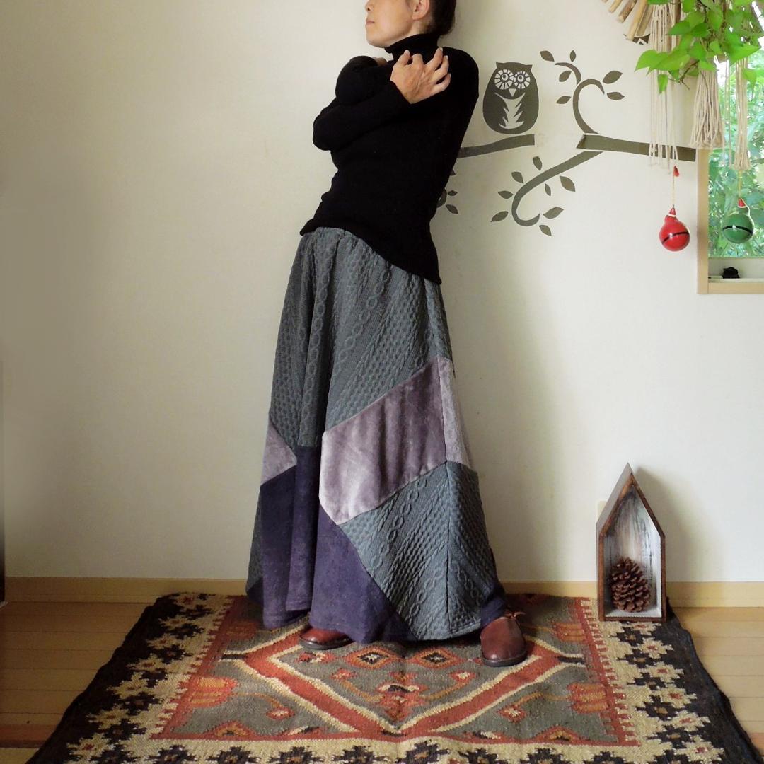 【SALE】ふわふわパッチワークスカート●グレー