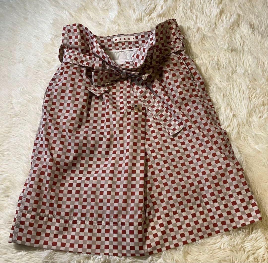 MARNI チェック ラップ風スカート 共布ベルト　赤×ベージュ M イタリア