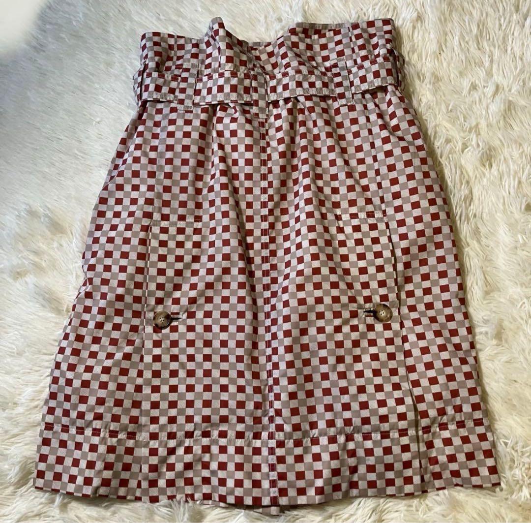 MARNI チェック ラップ風スカート 共布ベルト　赤×ベージュ M イタリア