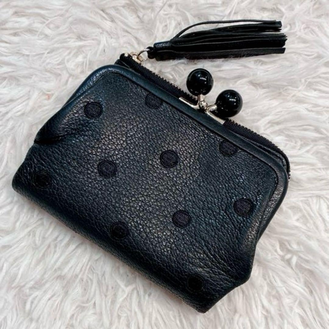 【美品】perche アクリル玉　本革 がま口 二つ折り財布　ブラックドット
