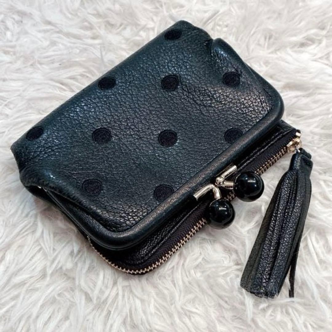 【美品】perche アクリル玉　本革 がま口 二つ折り財布　ブラックドット