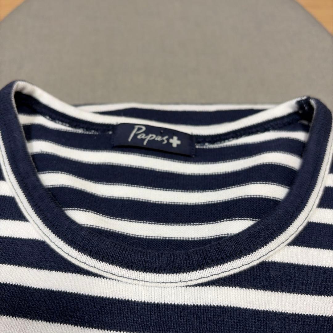 キーちゃん美品Papas+ボーダー柄長袖カットソーTシャツS紺白マリン系