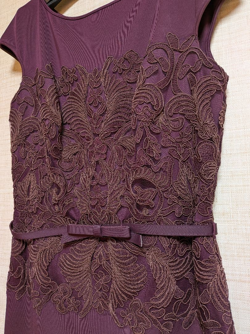 タダシショージ 刺繍ワンピース ドレス ボルドー サイズ4 リボンベルト付