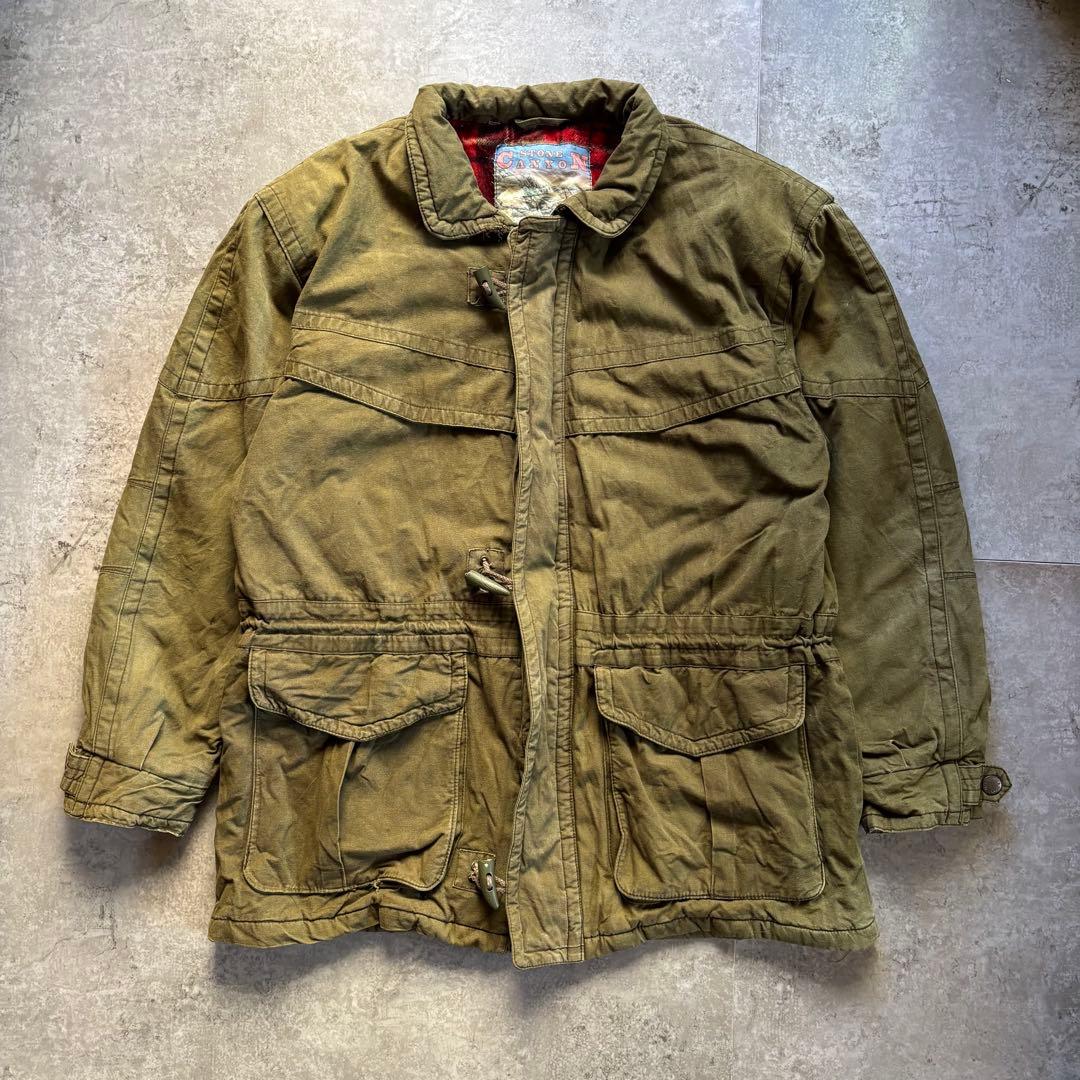 古着　90s ダッフル　コート　ミリタリー　カーキ　裏地チェック　ヴィンテージ