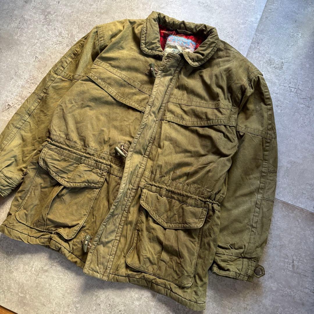 古着　90s ダッフル　コート　ミリタリー　カーキ　裏地チェック　ヴィンテージ