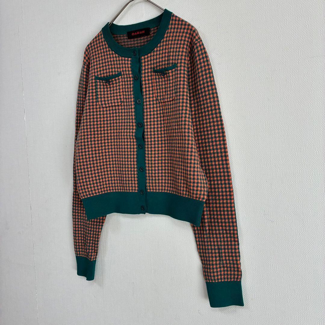 キャバン≫カーディガン F オレンジ×緑 チェック カシミヤ混 上品 羽織♡美品