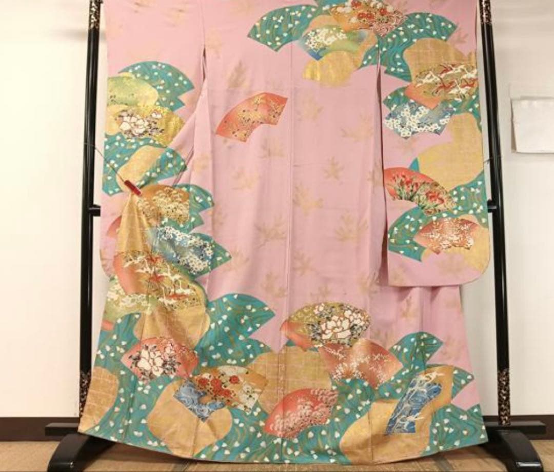 振袖フルセット6点サイズM〜Ｌ駒刺繍　地紙飛鶴花文　金彩　正絹