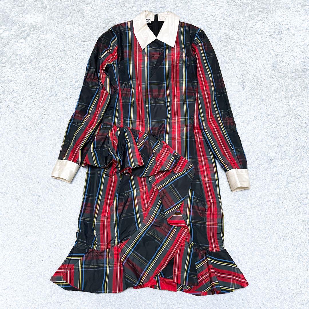 モスキーノ フリル変形 チェック 長袖シャツ ワンピース ドレス 42 L〜XL