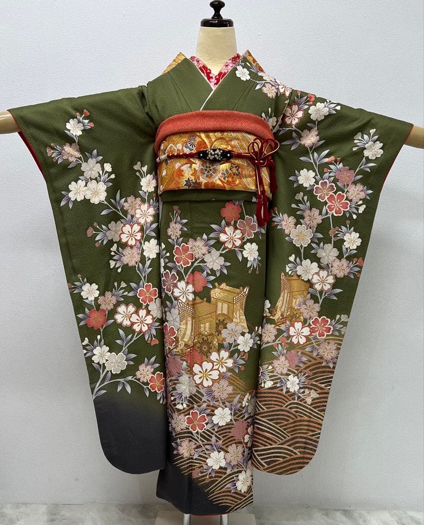 振り袖　フルセット　別誂長襦袢　グリーン　金彩加工　刺繍入り　834