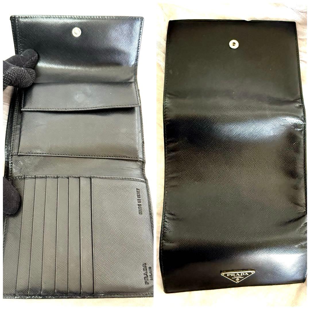 PRADA 三つ折り財布 ブラック サフィアーノ レザー三角ロゴ　黒