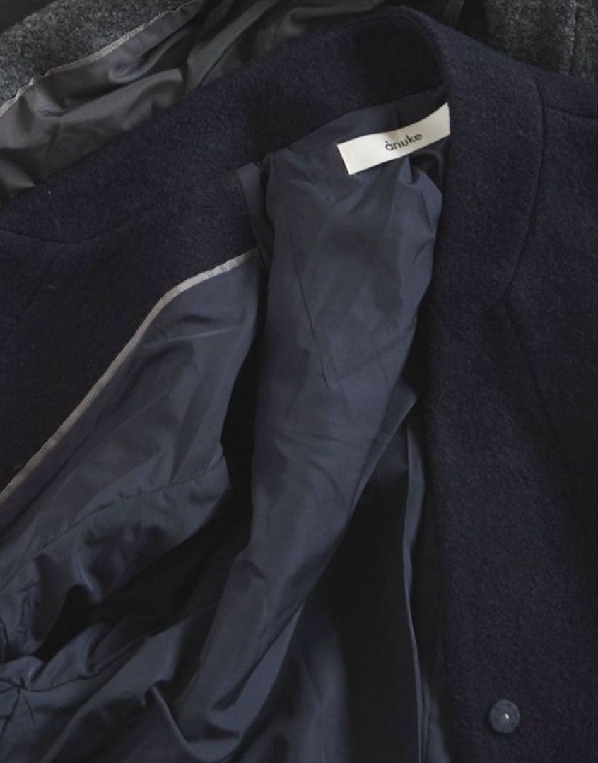 【新品】ànukeCollarlessCocoonCoat38ネイビーコート