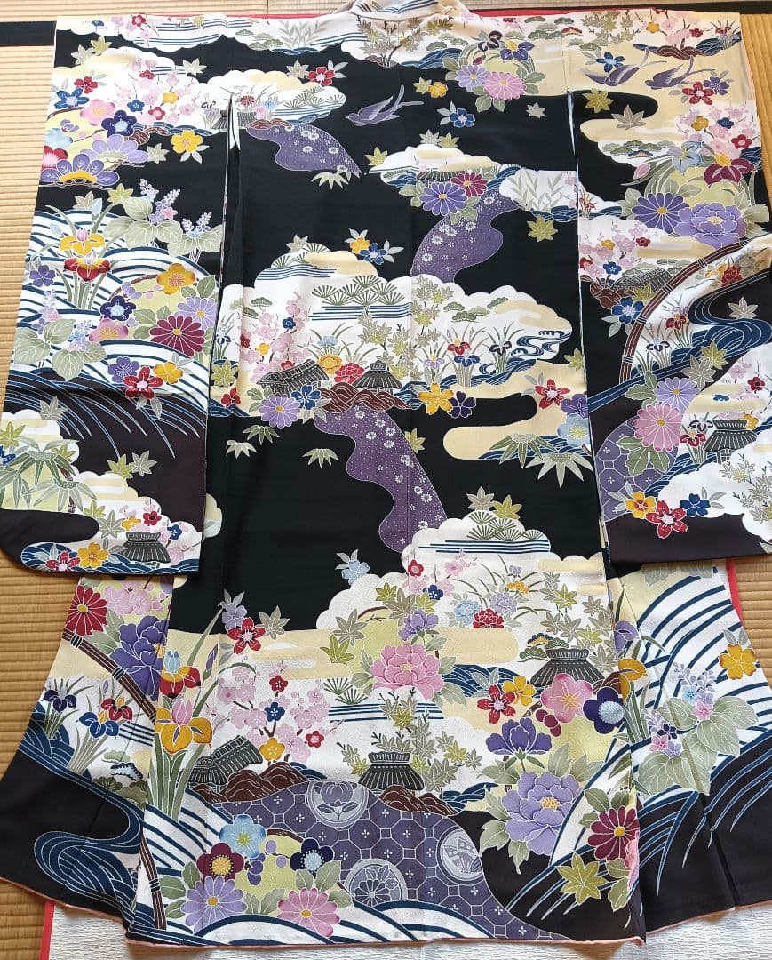 高級　京紅型　有名作家　黒　振袖フルセット　伝統工芸　丈164 裄67